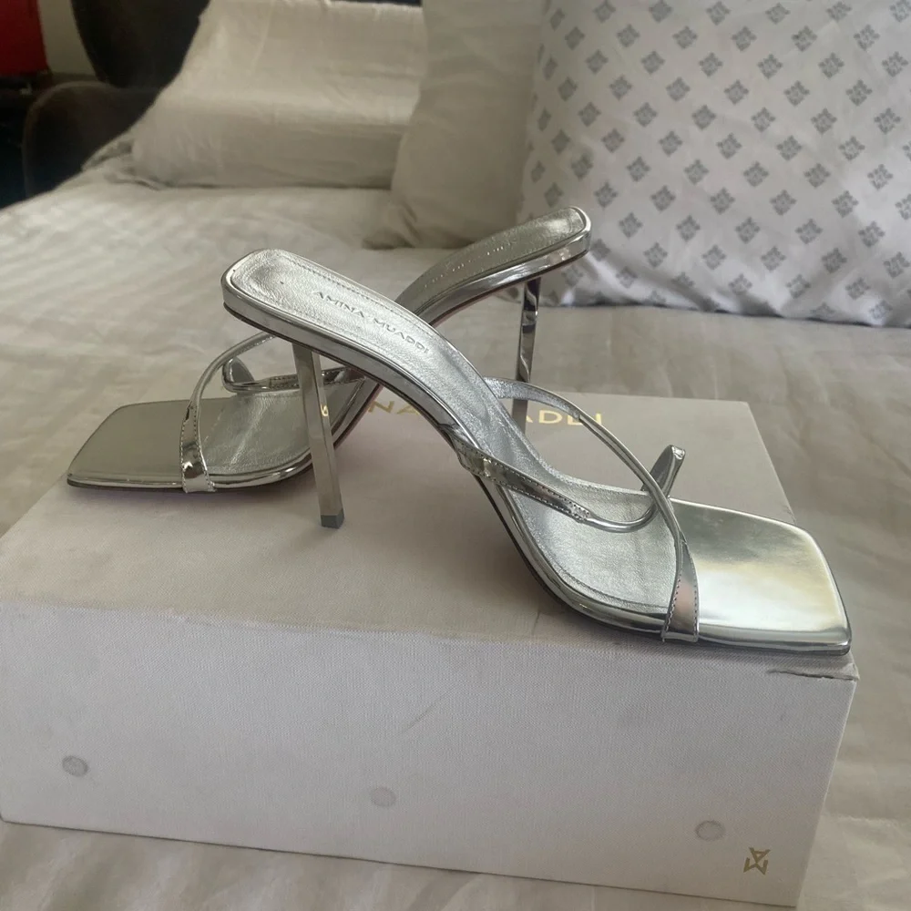 ✨ NEW! Authentic! Amina Muaddi Silver Strappy Heels – Size 38.5 ✨ Mules